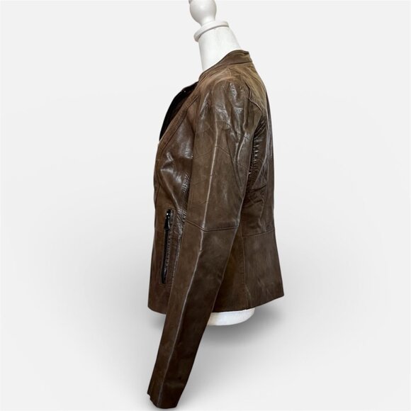 Marc New York Olive Leather Moto Jacket Zip Banded Collar Medium - Picture 4 of 16